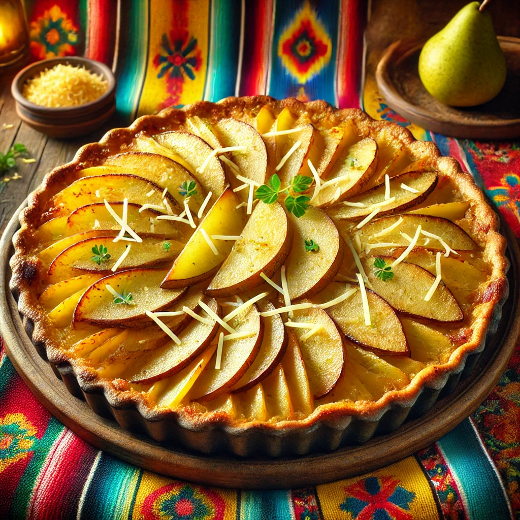 Een hartige aardappel- en perentaart met cheddar, gebakken tot een goudbruine perfectie en elegant gepresenteerd op een rustiek keramisch bord. De lagen van dun gesneden aardappelen, rijpe peren en gesmolten cheddar zijn duidelijk zichtbaar. De taart is afgewerkt met geraspte oude kaas en een takje verse kruiden. De warme achtergrond straalt een uitnodigende sfeer uit met levendige kleuren en subtiele decoratieve patronen. 🥔🍐🧀✨