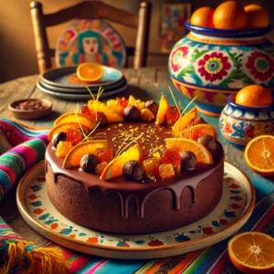 Hazelnoot-chocoladetaart met sinaasappel, gegarneerd met dunne plakjes sinaasappel en gekonfijte sinaasappelschil, geserveerd op een kleurrijke schaal.