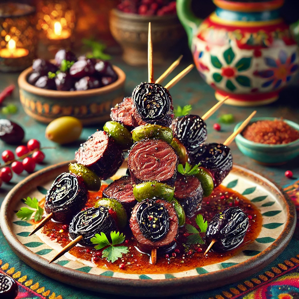 Hazerugfiletspiezen met pruimen, overgoten met een romige pepersaus, geserveerd op een kleurrijk bord en gegarneerd met verse kruiden.