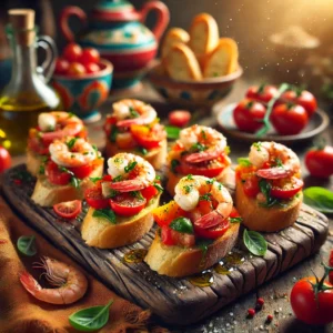 Italiaanse crostini met tomaat en garnalen, geserveerd op een rustieke houten plank. De krokante toastjes zijn rijkelijk belegd met een mengsel van sappige tomatenblokjes, verse garnalen en fijngehakte basilicum, besprenkeld met olijfolie en versgemalen peper. De achtergrond straalt een mediterrane sfeer uit met warme aardetinten en traditioneel Italiaans keramiek.