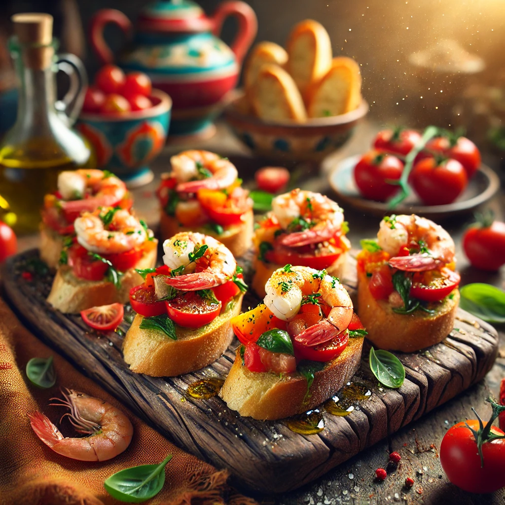 Italiaanse crostini met tomaat en garnalen, geserveerd op een rustieke houten plank. De krokante toastjes zijn rijkelijk belegd met een mengsel van sappige tomatenblokjes, verse garnalen en fijngehakte basilicum, besprenkeld met olijfolie en versgemalen peper. De achtergrond straalt een mediterrane sfeer uit met warme aardetinten en traditioneel Italiaans keramiek.