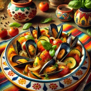 Italiaanse mosselen met groentestoofpot, geserveerd in een kleurrijke schaal, met aardappelen, courgette, tomaten en uien, gegarneerd met verse basilicum.