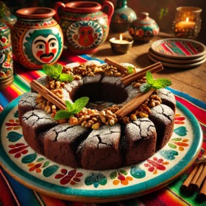 Kaneel-chocolade browniekrans, bestrooid met poedersuiker en gegarneerd met gehakte walnoten, kaneelstokjes en een takje munt, geserveerd op een kleurrijke schaal.