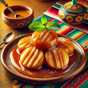 Glanzende karamel-appelschijfjes, elegant gerangschikt op een rustiek keramisch bord. Het gerecht is afgewerkt met een extra drizzle van karamel, een vleugje poedersuiker en een takje verse munt. De warme achtergrond straalt een uitnodigende sfeer uit met levendige kleuren en subtiele decoratieve patronen. 🍏🍯🌿✨