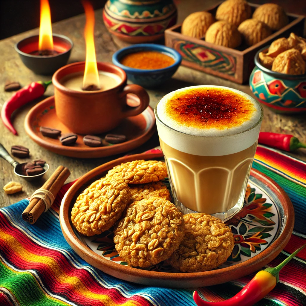Goudbruine karamel havermoutkoekjes, knapperig en rijk van smaak, geserveerd naast een romige crème brûlée cappuccino met een gekarameliseerde suikerlaag. Gepresenteerd op een kleurrijk Mexicaans keramieken bord, tegen een sfeervolle achtergrond met levendige tafelkleden, rustieke houten accenten en decoratieve chilipepers.