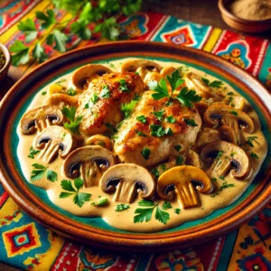 Sappige stukjes kip geserveerd op een rustiek keramisch bord, royaal overgoten met een romige Calvados-roomsaus en aangevuld met gebakken champignons. Het gerecht is afgewerkt met een vleugje verse peterselie en een subtiele druppel saus. De warme achtergrond straalt een uitnodigende sfeer uit met levendige kleuren en subtiele decoratieve patronen. 🍗🍄🌿✨