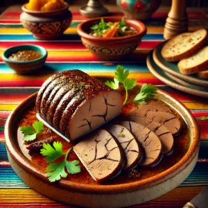 Een luxe hazenpaté met Armagnac, elegant geserveerd op een rustieke keramische schaal. De paté is in plakjes gesneden, met een rijke textuur en zichtbare lagen van gemarineerde hazenfilet. Het gerecht is afgewerkt met verse kruiden, een dunne sausdressing en krokante toast op de zijkant. De warme achtergrond straalt een uitnodigende sfeer uit met levendige kleuren en subtiele decoratieve patronen. 🍖🌿✨