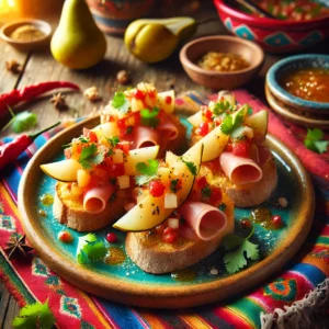 Knapperige ciabattacrostini met dunne plakjes rauwe ham en een kleurrijke, kruidige perensalsa, gegarneerd met verse koriander. Geserveerd in een vrolijke Mexicaanse setting met felgekleurde tafelkleden, traditioneel keramiek en decoratieve chilipepers.