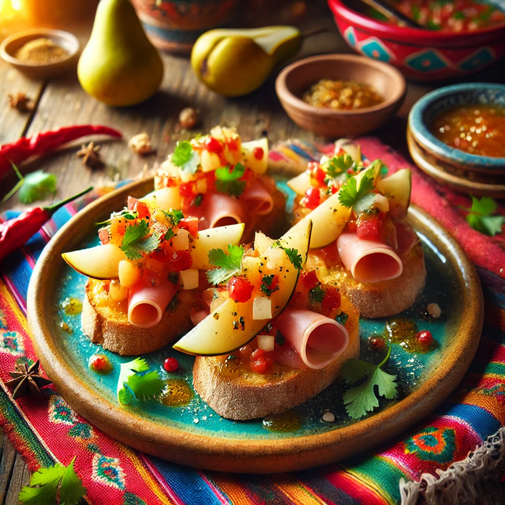 Knapperige ciabattacrostini met dunne plakjes rauwe ham en een kleurrijke, kruidige perensalsa, gegarneerd met verse koriander. Geserveerd in een vrolijke Mexicaanse setting met felgekleurde tafelkleden, traditioneel keramiek en decoratieve chilipepers.