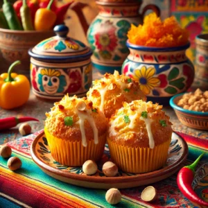 Knapperige kaas-hazelnoten muffins met een goudbruine korst, bestrooid met gesmolten kaas en gehakte hazelnoten. Geserveerd op een kleurrijk Mexicaans keramieken bord, tegen een feestelijke achtergrond met felgekleurde tafelkleden en decoratieve chilipepers.