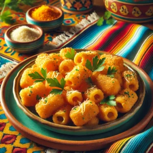 Goudbruine gefrituurde macaronisnacks, knapperig van buiten en smeuïg van binnen, geserveerd op een rustiek keramisch bord. De snacks zijn subtiel gegarneerd met versgehakte peterselie en een snufje geraspte kaas. De warme achtergrond straalt een uitnodigende sfeer uit met levendige kleuren en subtiele decoratieve patronen. 🧀🌿✨