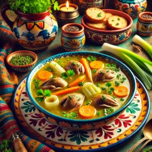 Kwartelsoep geserveerd in kleurrijke kommen, gevuld met heldere bouillon, kwartelvlees, wortel, prei en gegarneerd met verse kervel.