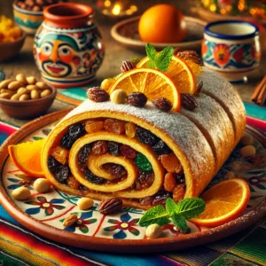 La Gubana, een Italiaanse vruchtenstrudel, met een goudbruine korst, opengesneden om de rijke vulling van noten, rozijnen en gekonfijte sinaasappelschil te tonen, geserveerd op een kleurrijke schaal.