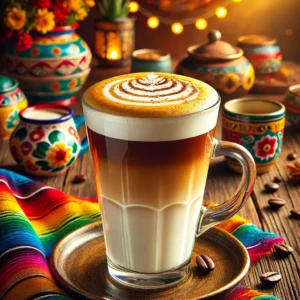 Romige latte macchiato geserveerd in een hoog glas, met perfect gelaagde espresso, gestoomde melk en romig melkschuim. Afgetopt met een vleugje cacaopoeder en een koffieboon. De achtergrond straalt een warme Mexicaanse sfeer uit met kleurrijke tafelkleden, rustieke houten accenten en traditionele keramische details.