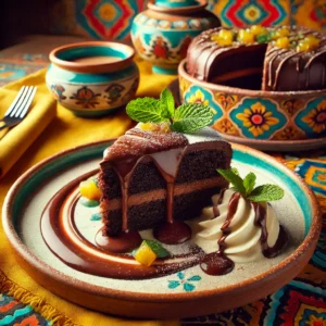 Een rijk stuk chocoladecake, overgoten met glanzende chocoladeganache en omringd door een romige vanillesaus. Het dessert is stijlvol gegarneerd met een takje verse munt en een lichte bestuiving van poedersuiker. De warme achtergrond straalt een uitnodigende sfeer uit met levendige kleuren en subtiele decoratieve patronen. 🍫🍰🌿✨