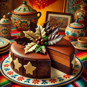 Luxe chocoladetruffeltaart met een glanzende chocoladelaag, gegarneerd met chocolade hulstblaadjes, gepresenteerd op een kleurrijke schaal.