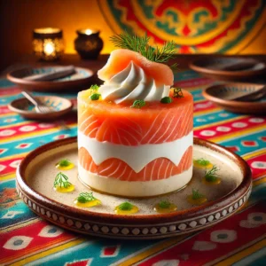 Een verfijnde zalm- en tarbotparfait met een delicate laag gerookte zalm, geserveerd op een rustieke keramische schaal. Het gerecht is elegant gegarneerd met fijngehakte bieslook, een takje verse dille en een lichte sausdressing. De warme achtergrond straalt een uitnodigende sfeer uit met levendige kleuren en subtiele decoratieve patronen. 🍣🌿✨