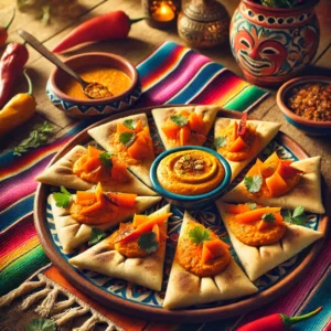 Mediterraanse pitapuntjes met een romige wortelpuree en een kruidige notendip, gegarneerd met verse kruiden en gehakte noten. Geserveerd op een kleurrijk Mexicaans keramieken bord, tegen een feestelijke achtergrond met levendige tafelkleden, rustieke houten accenten en decoratieve chilipepers.