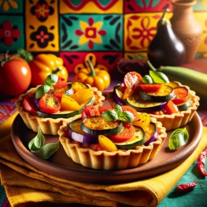 Mini ratatouilletaartjes met een knapperige, goudbruine korst, gevuld met kleurrijke lagen courgette, paprika, aubergine en tomaten. Elk taartje is afgewerkt met een verse basilicumblaadje en gepresenteerd op een rustiek keramisch bord. De warme achtergrond straalt een uitnodigende sfeer uit met levendige kleuren en subtiele decoratieve patronen. 🥒🍅🌿✨