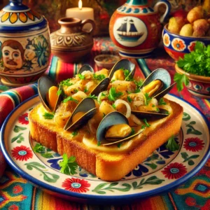 Mosseltoast ‘Française’ met een romige champignon-mosselmengeling, geserveerd op krokant geroosterd brood, bedekt met gesmolten Gouda en gegarneerd met verse peterselie.