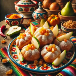 Goudbruine oliebollen met stukjes peer en gekonfijte gember, bestrooid met poedersuiker en geserveerd op een kleurrijk Mexicaans keramieken bord. De achtergrond straalt een warme, feestelijke sfeer uit met levendige tafelkleden, rustieke houten accenten en traditionele keramische details.
