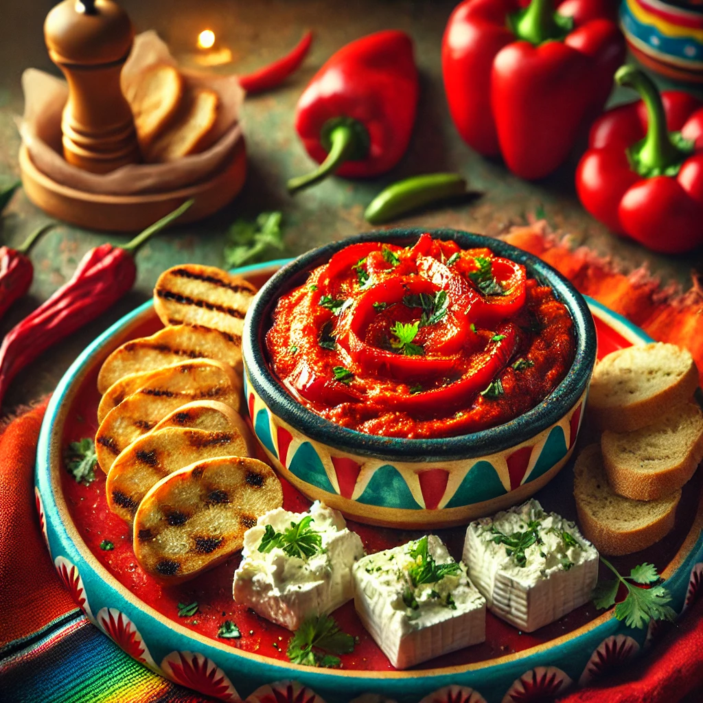 Pittige paprikaspread met romige geitenkaas, geserveerd in een rustieke kom en gegarneerd met verse kruiden. Naast de kom liggen knapperige toastjes voor het dippen. De presentatie is op een kleurrijk Mexicaans keramieken bord, tegen een feestelijke achtergrond met levendige tafelkleden, houten accenten en decoratieve chilipepers.