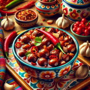 Pittige kastanjesambal geserveerd in een kleurrijke schaal, met zichtbare stukjes rode pepers, ui, knoflook en kastanjes, gegarneerd met een hele peper en verse kruiden.