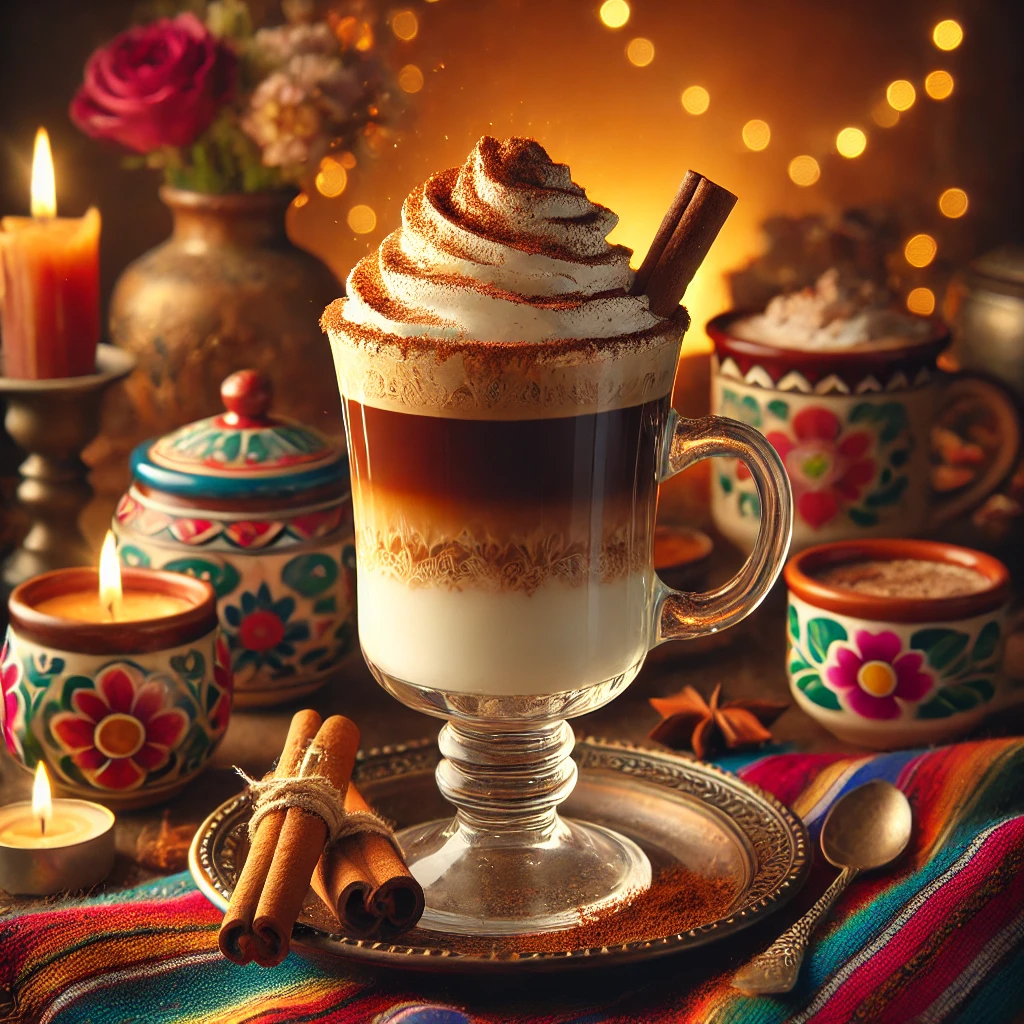 Romantisch cacao-kaneel koffiegenot geserveerd in een elegant glas, met lagen rijke espresso, romige gestoomde melk en een toef slagroom. Afgewerkt met een vleugje cacaopoeder, kaneel en een kaneelstokje. De achtergrond straalt een warme Mexicaanse sfeer uit met sfeerverlichting, kleurrijke tafelkleden, rustieke houten accenten en romantische decoratieve details zoals kaarsen en rozenblaadjes.