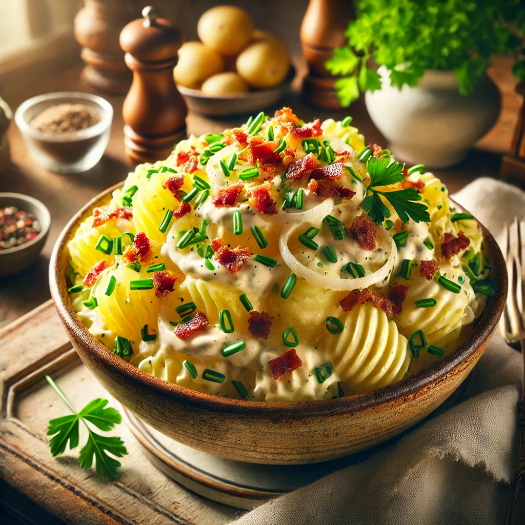 Een romige aardappelsalade in een rustieke schaal, gegarneerd met knapperige uitgebakken spekjes, fijngehakte bieslook, ui en peterselie, geserveerd op een houten tafel met een warme, gezellige achtergrond.