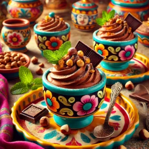 Geroosterde chocolade-notenmousse, geserveerd in kleurrijke schaaltjes, gegarneerd met gehakte hazelnoten, poedersuiker en een takje munt.