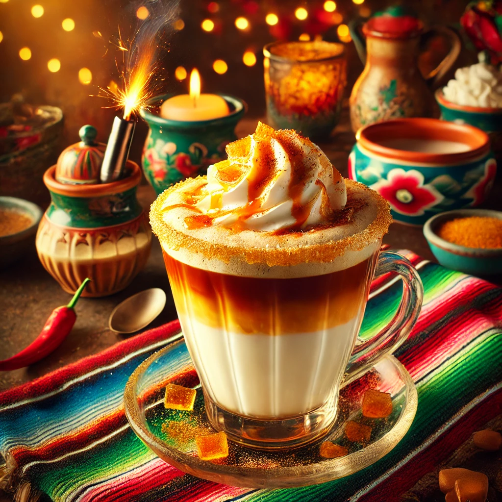 Romige crème brûlée latte geserveerd in een elegant glas, met lagen espresso, gestoomde melk en een gekarameliseerde suikertopping. Afgetopt met slagroom, karamelstukjes en een vleugje kaneel. De achtergrond straalt een warme Mexicaanse sfeer uit met kleurrijke tafelkleden, rustieke houten accenten en traditionele keramieken details.