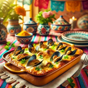Een romige gegratineerde mosselschotel met champignons en kaas, geserveerd in een elegante ovenschaal. De goudbruine kaaslaag is krokant en gegarneerd met verse kruiden. De achtergrond heeft een vrolijke Mexicaanse uitstraling met felgekleurde tafelkleden en traditionele keramieken serviesstukken. Het geheel straalt warmte en gezelligheid uit.