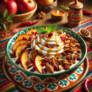 Scandinavische Skyr bowl met gebakken appelpartjes, krokante kerstgranola met noten en cranberry's, en een swirl van amandelspread. Geserveerd in een kleurrijke Mexicaanse keramieken kom, tegen een sfeervolle achtergrond met levendige tafelkleden, rustieke houten accenten en traditionele decoratieve details.