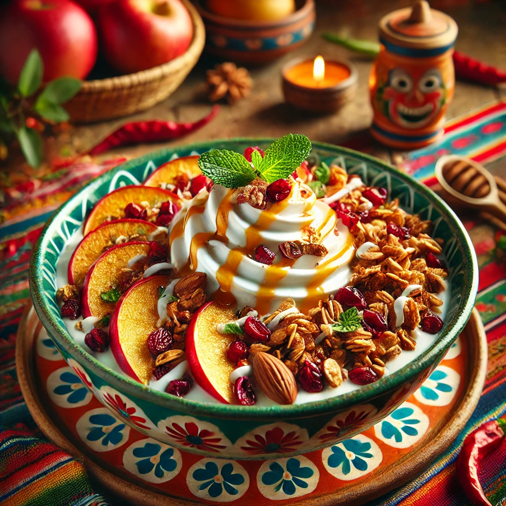 Scandinavische Skyr bowl met gebakken appelpartjes, krokante kerstgranola met noten en cranberry's, en een swirl van amandelspread. Geserveerd in een kleurrijke Mexicaanse keramieken kom, tegen een sfeervolle achtergrond met levendige tafelkleden, rustieke houten accenten en traditionele decoratieve details.