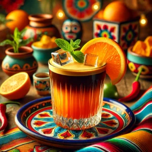 Sinaasappel Freshpresso geserveerd in een elegant glas, met lagen rijke espresso en vers geperst sinaasappelsap. Gegarneerd met een schijfje sinaasappel, muntblaadje en ijsblokjes. De achtergrond straalt een vrolijke Mexicaanse sfeer uit met kleurrijke tafelkleden, rustieke houten accenten en traditionele keramieken details.