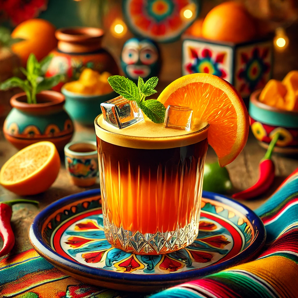 Sinaasappel Freshpresso geserveerd in een elegant glas, met lagen rijke espresso en vers geperst sinaasappelsap. Gegarneerd met een schijfje sinaasappel, muntblaadje en ijsblokjes. De achtergrond straalt een vrolijke Mexicaanse sfeer uit met kleurrijke tafelkleden, rustieke houten accenten en traditionele keramieken details.