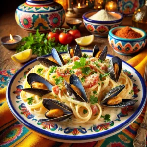 Pasta met romige mosselsaus, geserveerd op een kleurrijke schaal, gegarneerd met verse kruiden, citroenpartjes en een lichte strooiing van kaas.