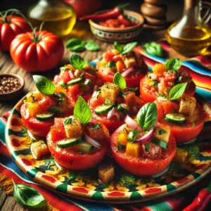 Gevulde tomaatjes met panzanella, gevuld met een kleurrijke mix van komkommer, rode ui, basilicum en krokante broodblokjes, besprenkeld met olijfolie en balsamicoazijn. Geserveerd op een traditioneel Mexicaans keramieken bord, tegen een achtergrond met vrolijke kleuren, rustieke houten texturen en decoratieve chilipepers.