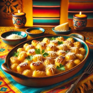 Gouden, gebakken Gnocchi alla Romana, dakpansgewijs gerangschikt in een rustieke keramische ovenschaal. De gnocchi zijn bedekt met gesmolten Parmezaanse kaas, boter en subtiel gegarneerd met verse peterselie. De warme achtergrond straalt een uitnodigende sfeer uit met levendige kleuren en subtiele decoratieve patronen. 🧀🍃✨