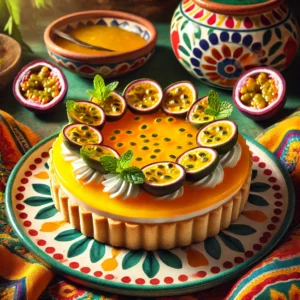 Tropische passievruchtentaart met een romige mousse, gegarneerd met verse passievruchtpulp en een krans van muntblaadjes.