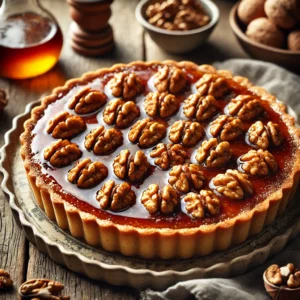 Walnotentaart met een glanzende maple syrup-topping, geserveerd op een rustieke houten tafel, met een stukje uitgesneden om de rijke, notige vulling te tonen.
