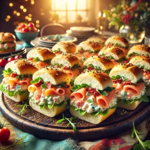 Partybroodjes gevuld met romige zalmsalade, geserveerd op een rustieke houten plank, gegarneerd met waterkers en een vleugje zwarte peper.