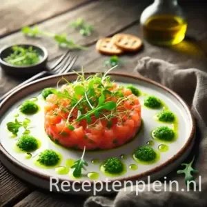 Fijngehakte zalmtartaar in een strakke ronde vorm, gegarneerd met rucolaolie en microgroenten, geserveerd op een witte schaal met krokante toastjes op een rustieke houten tafel.