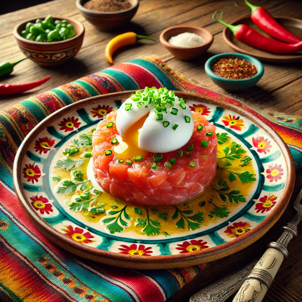 Zalmtartaar met een perfect gepocheerd ei, een toefje crème fraîche en fijngesneden bieslook, elegant geserveerd op een kleurrijk Mexicaans keramieken bord. De achtergrond straalt een warme en feestelijke Mexicaanse sfeer uit met levendige tafelkleden, rustieke houten accenten en decoratieve chilipepers.