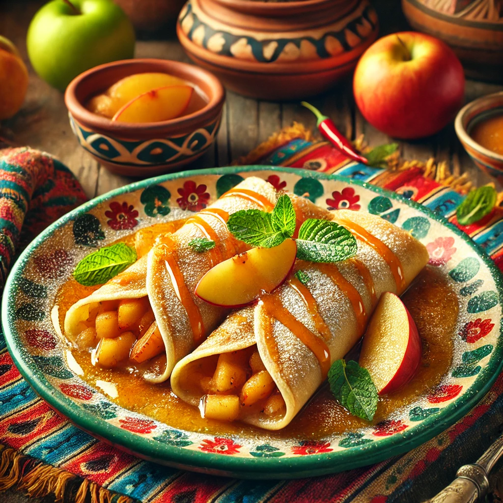 Gevulde appelcrêpes, goudbruin gebakken en gevuld met warme appelcompote, bestrooid met poedersuiker en gegarneerd met verse muntblaadjes en dunne appelschijfjes. Geserveerd op een kleurrijk Mexicaans keramieken bord, tegen een sfeervolle achtergrond met levendige tafelkleden, rustieke houten accenten en traditionele decoratieve details.