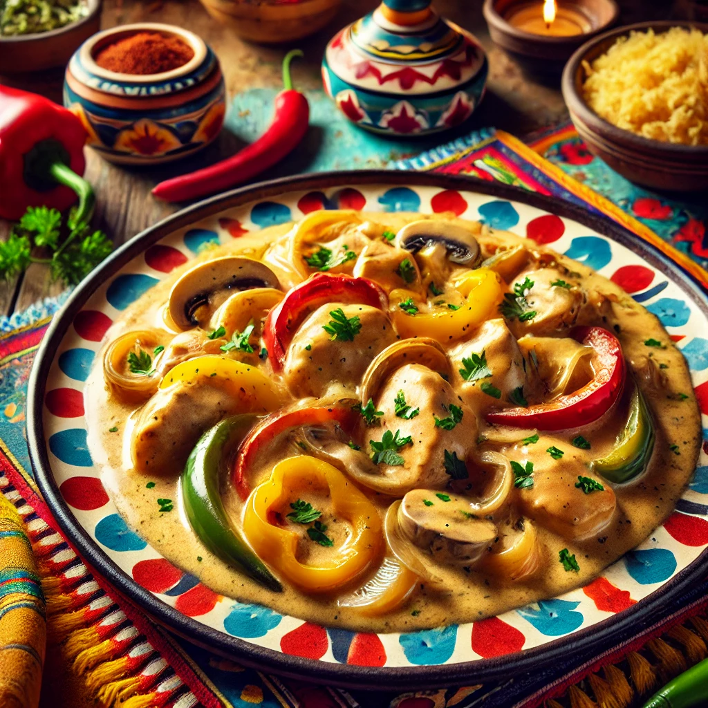Kip Stroganoff à la Paula, met malse stukjes kip in een romige saus van paprika, ui en champignons, gegarneerd met verse peterselie. Geserveerd op een kleurrijk Mexicaans keramieken bord, tegen een sfeervolle achtergrond met levendige tafelkleden, rustieke houten accenten en traditionele decoratieve details.