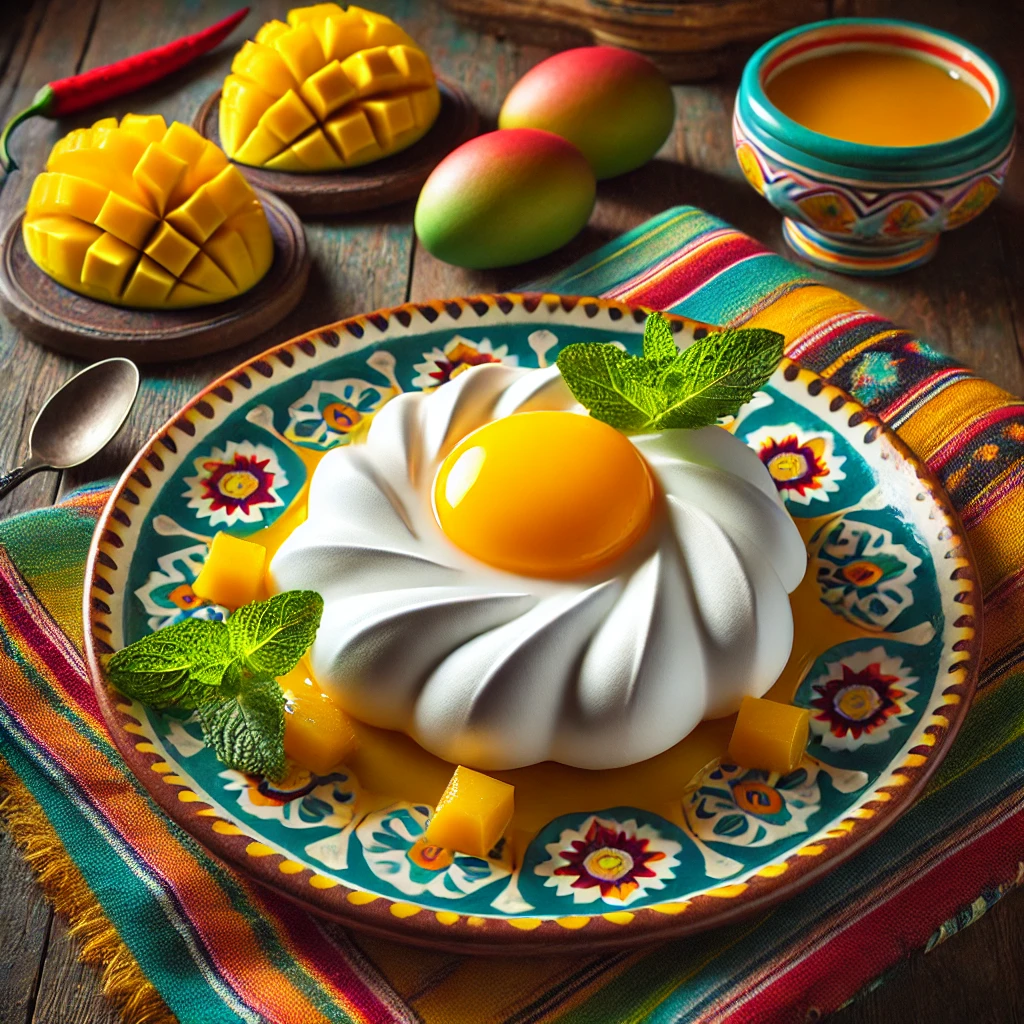 Meringue in de vorm van een spiegelei, met glanzende witte meringue als eiwit en een heldergele mangopuree als eidooier. Geserveerd op een kleurrijk Mexicaans keramieken bord, gegarneerd met verse muntblaadjes en kleine mangoblokjes. De achtergrond straalt een warme, feestelijke Mexicaanse sfeer uit met levendige tafelkleden, rustieke houten accenten en traditionele decoratieve details.