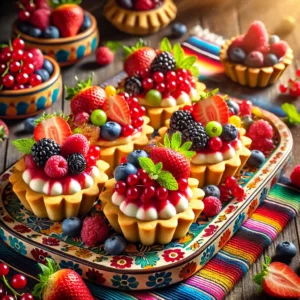 Bladerdeegbakjes gevuld met romige vanillezure room, kleurrijk rood fruit zoals aardbeien, frambozen, bramen, blauwe bessen en rode aalbessen, en gegarneerd met verse munt. Een feestelijk en fris dessert.