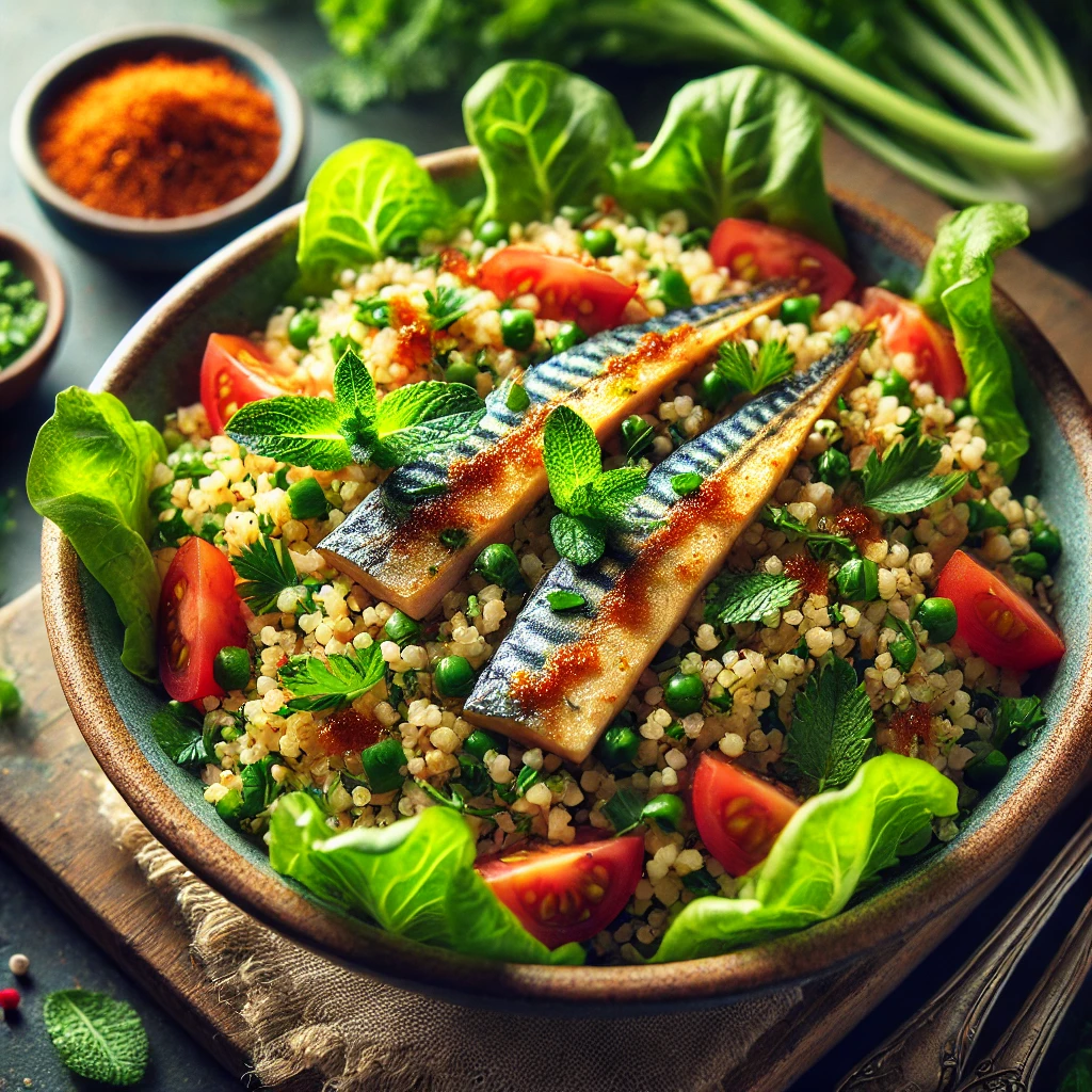 Kruidige bulgursalade met gerookte makreel, bereid met luchtige bulgur, blokjes tomaat, verse peterselie, munt en een vleugje harissa. Geserveerd op knapperige little gem blaadjes en gegarneerd met stukken gerookte makreel en ringetjes bosui. Een frisse en smaakvolle salade met rijke, kruidige tonen.