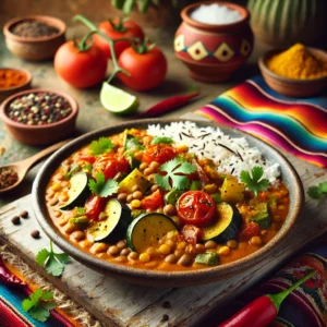 Gezonde linzencurry met groenten, geserveerd in een rustieke kom op een bed van luchtige basmatirijst. De curry bevat linzen, courgette, aubergine, tomaten en kokosmelk, gegarneerd met verse koriander en geraspte kokos. De achtergrond straalt een warme Mexicaanse sfeer uit met kleurrijke tafelkleden, rustieke houten accenten en traditionele keramische details.